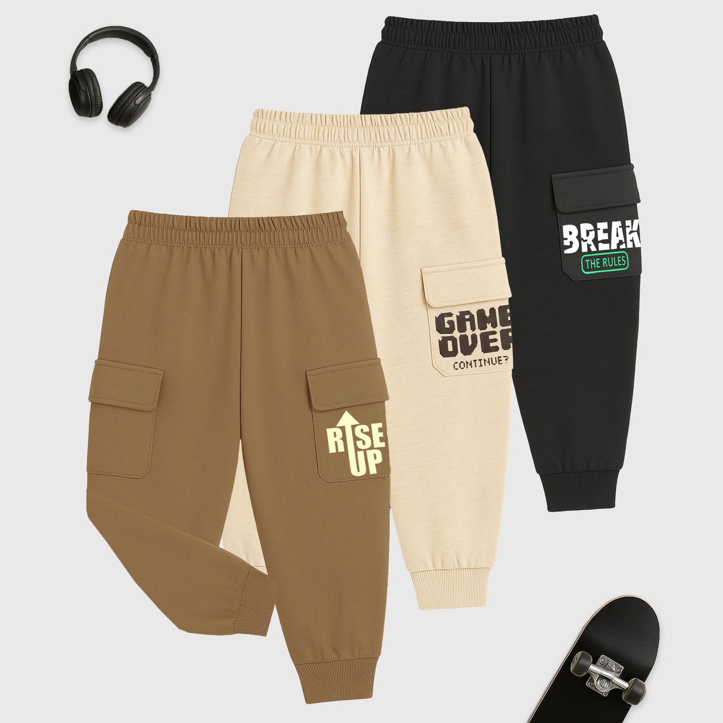 Kuchipoo Boys Cargo Joggers - Pack of 3