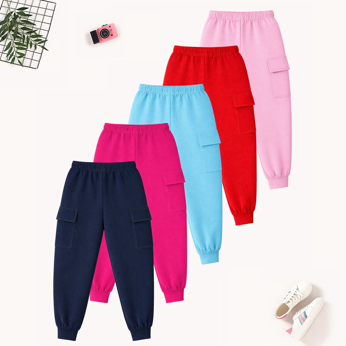 Kuchipoo Girls Cotton Jogger Pants | Elastic Waist | Side Cargo Pockets | Soft & Comfortable Track Pants for Kids | Pack of 5