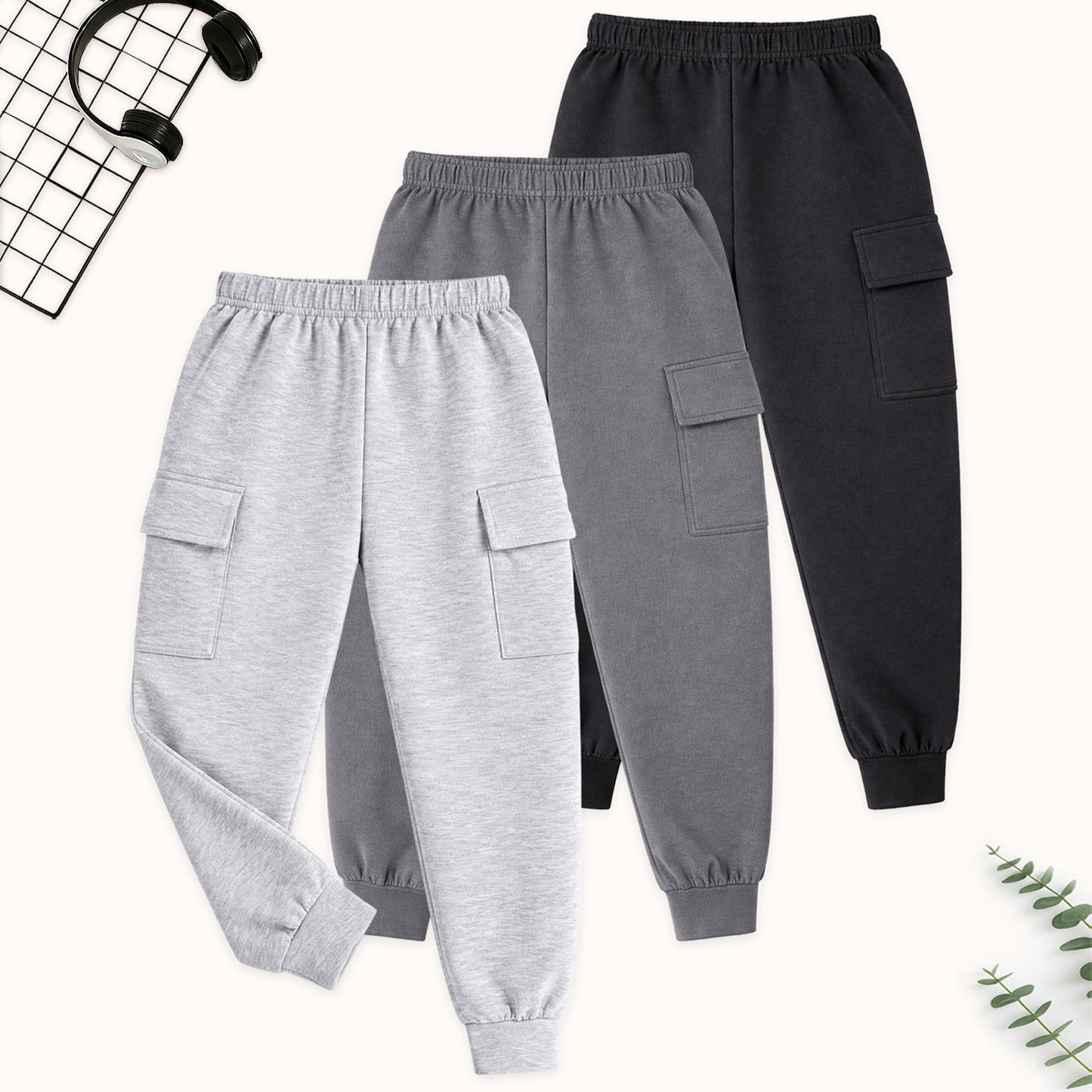 Kuchipoo Boys Cotton Cargo Jogger Pants with Pocket | Soft Elastic Waist Comfortable Track Pants for Boys | Casual Joggers for Kids | Pack of 3
