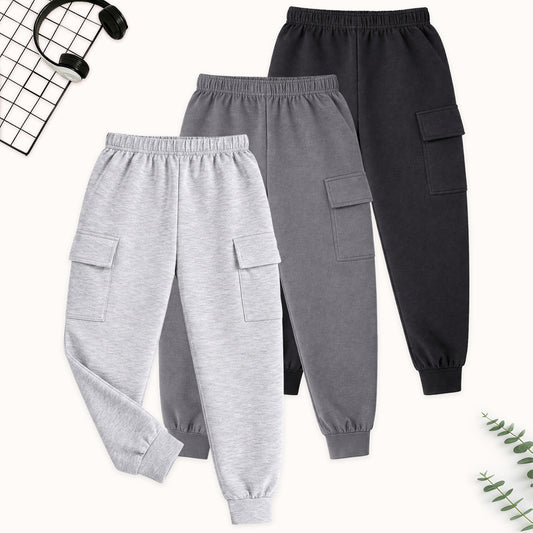Kuchipoo Boys Cotton Cargo Jogger Pants with Pocket | Soft Elastic Waist Comfortable Track Pants for Boys | Casual Joggers for Kids | Pack of 3