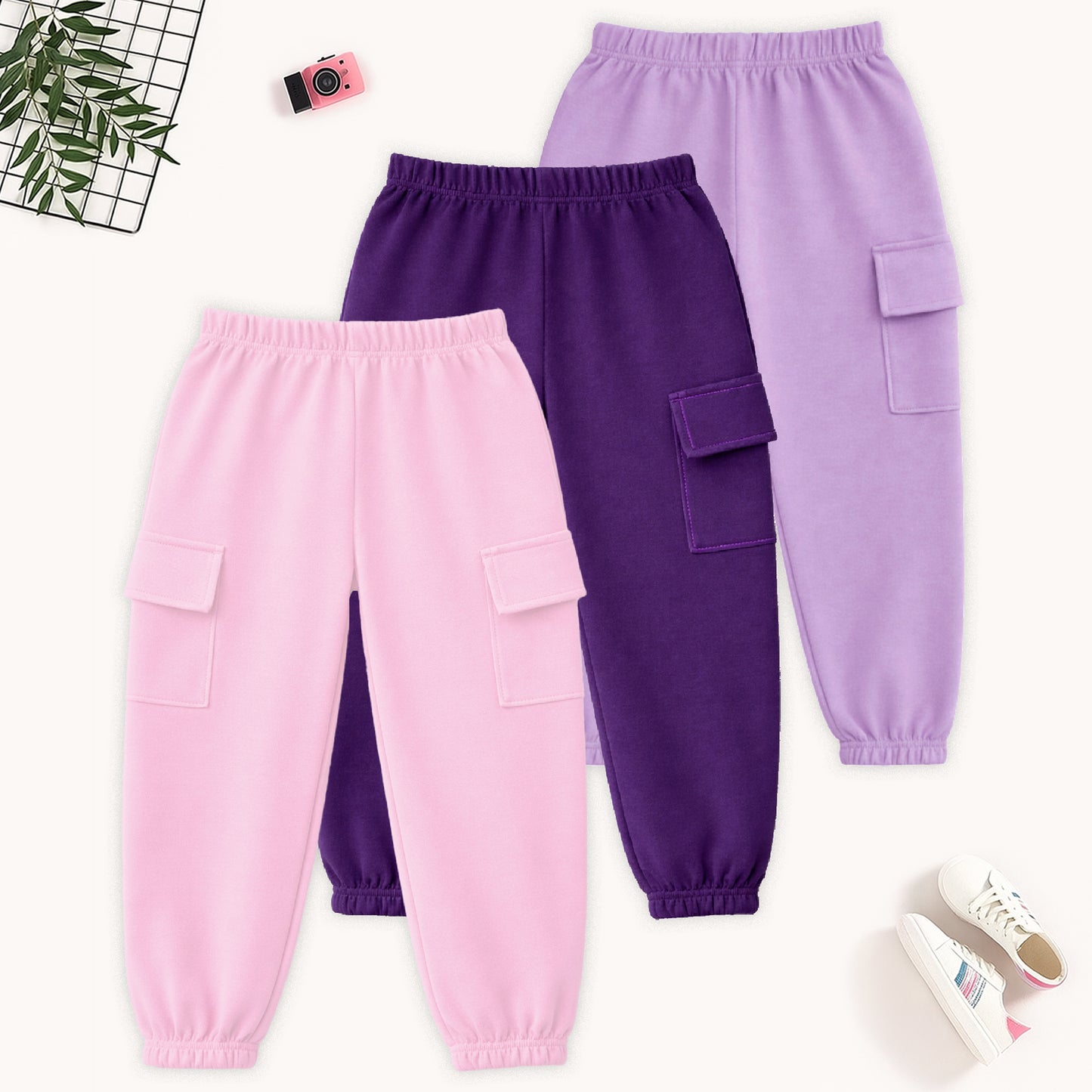 Kuchipoo Girls Cotton Cargo Joggers | Soft Elastic Waist Track Pants with Side Flap Pockets & Cute Print Design | Comfortable Casual Wear for Kids | Pack of 3