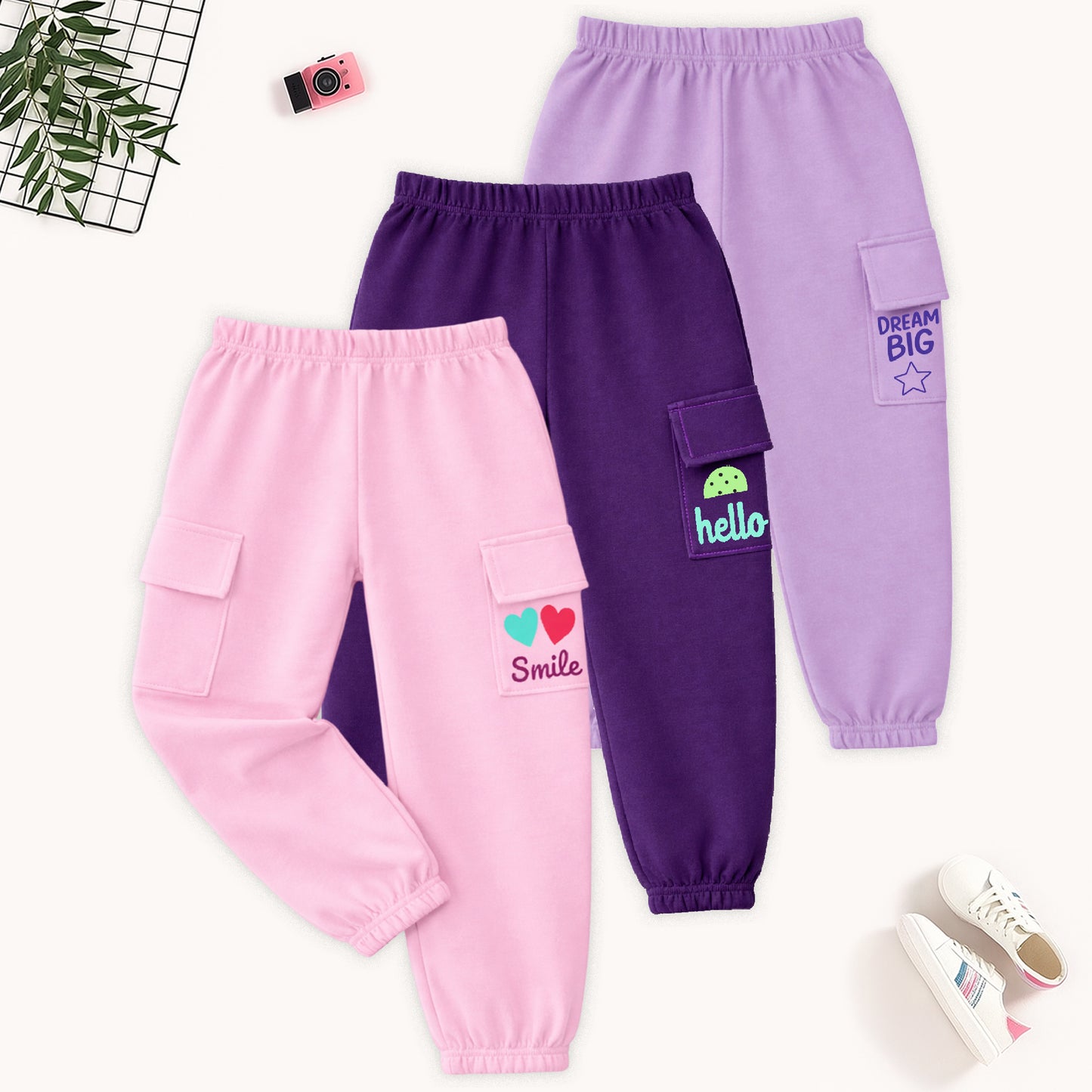 Kuchipoo Girls Cotton Cargo Joggers | Soft Elastic Waist Track Pants with Side Flap Pockets & Cute Print Design | Comfortable Casual Wear for Kids | Pack of 3