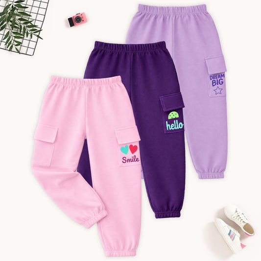 Kuchipoo Girls Cotton Cargo Joggers | Soft Elastic Waist Track Pants with Side Flap Pockets & Cute Print Design | Comfortable Casual Wear for Kids | Pack of 3
