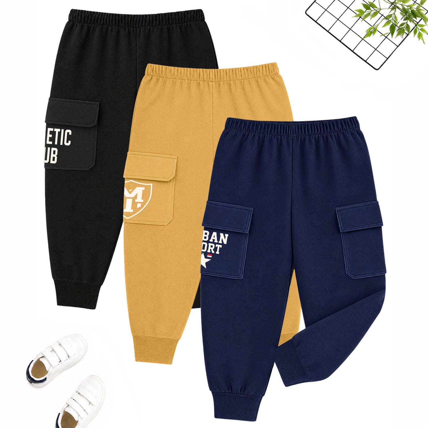 Kuchipoo Boys Cotton Cargo Jogger Pants with Pocket | Soft Elastic Waist Comfortable Track Pants for Boys | Casual Joggers for Kids | Pack of 3