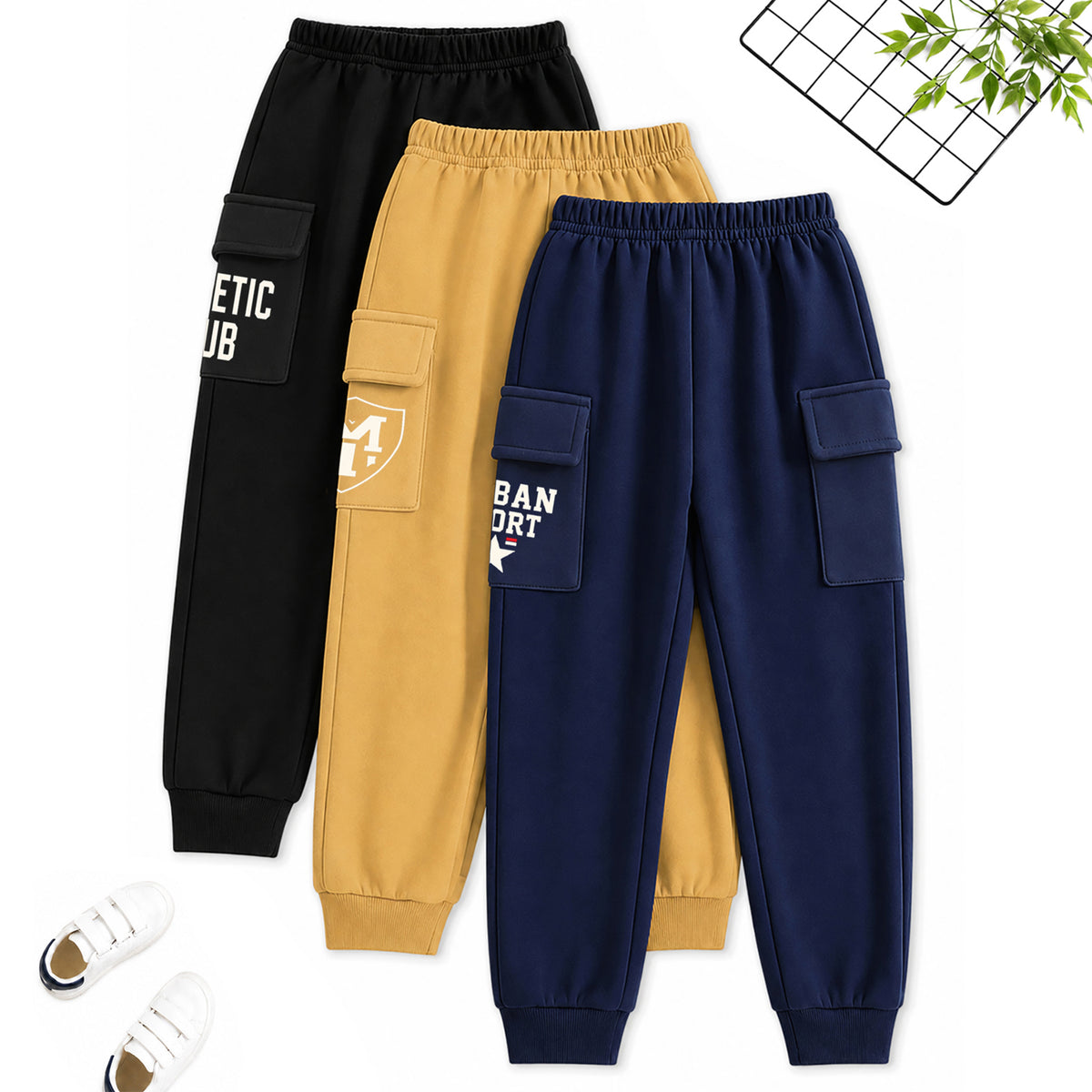 Kuchipoo Boys Cotton Cargo Jogger Pants with Pocket | Soft Elastic Waist Comfortable Track Pants for Boys | Casual Joggers for Kids | Pack of 3