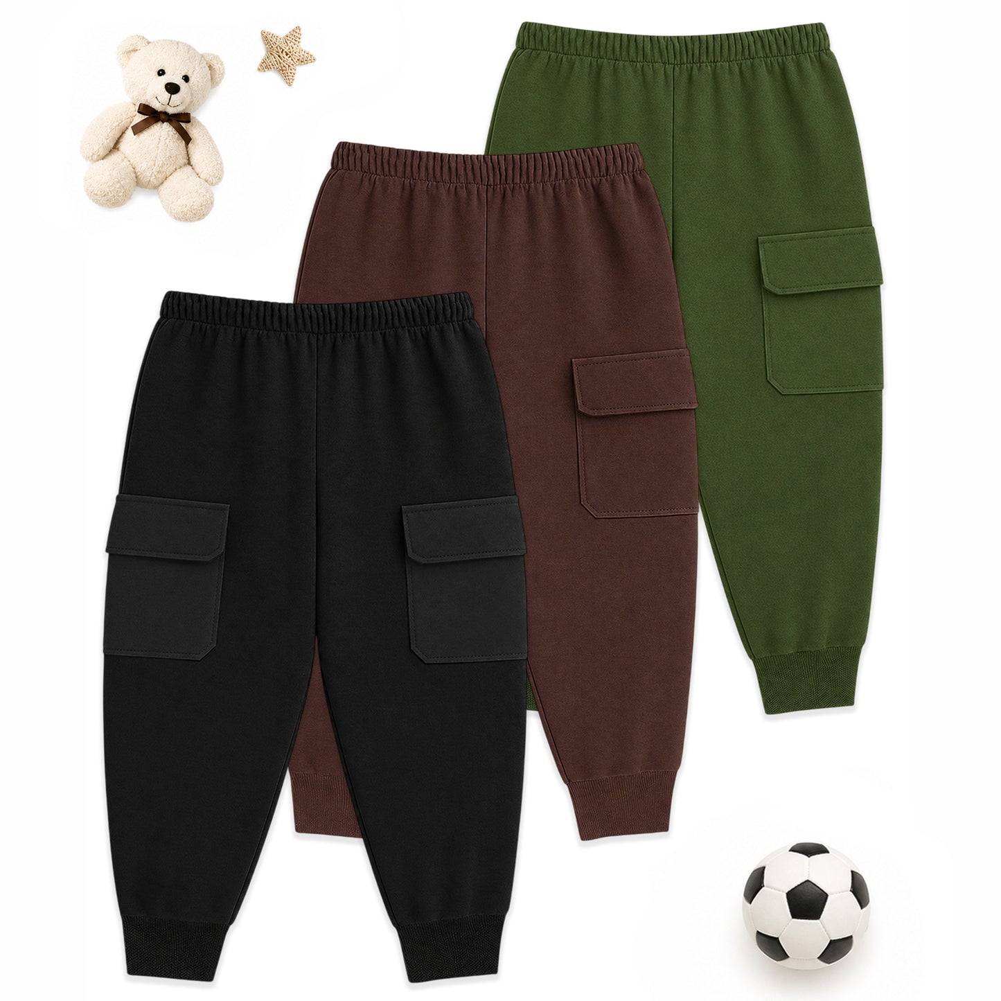 Kuchipoo Boys Cotton Cargo Jogger Pants with Pocket | Soft Elastic Waist Comfortable Track Pants for Boys | Casual Joggers for Kids | Pack of 3