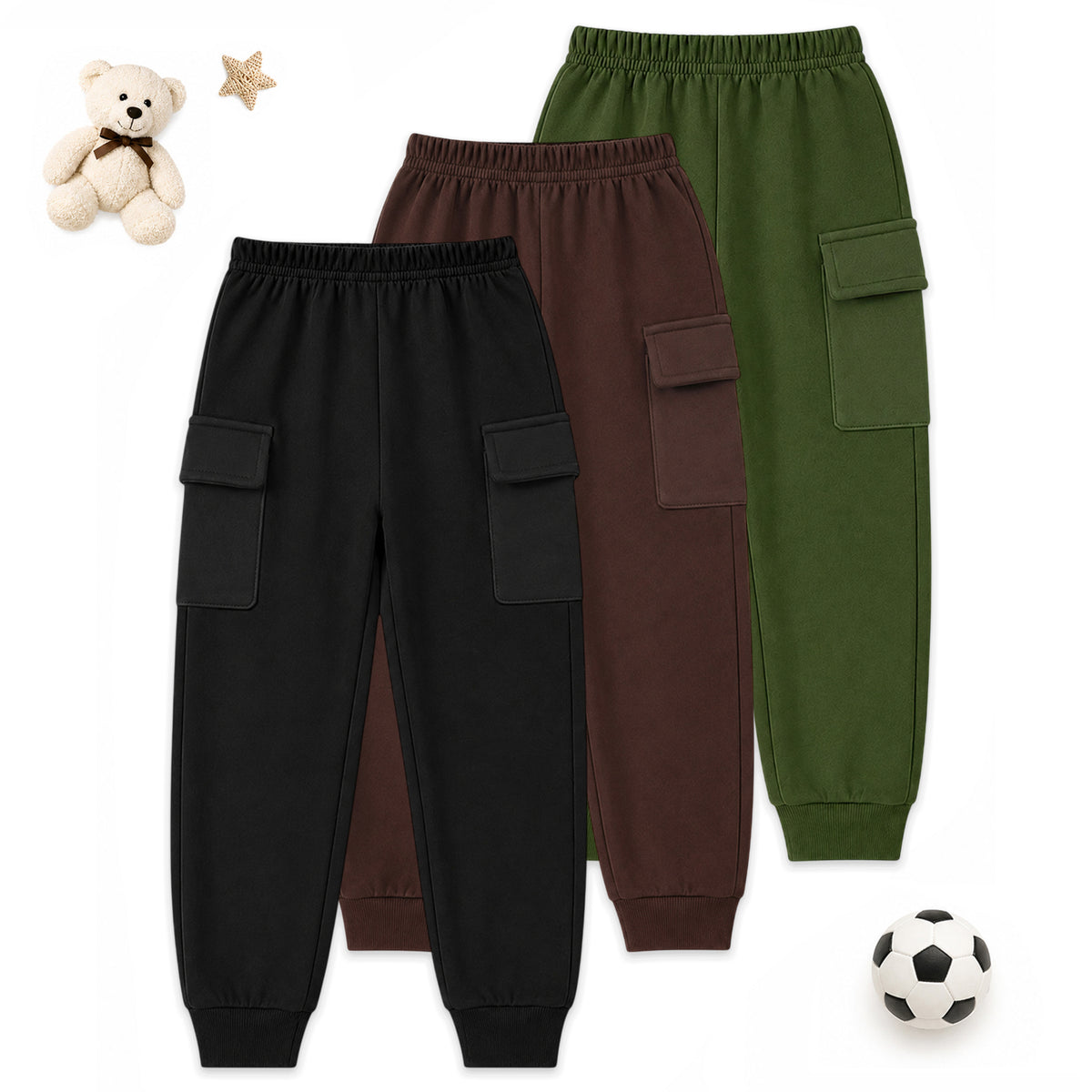 Kuchipoo Boys Cotton Cargo Jogger Pants with Pocket | Soft Elastic Waist Comfortable Track Pants for Boys | Casual Joggers for Kids | Pack of 3