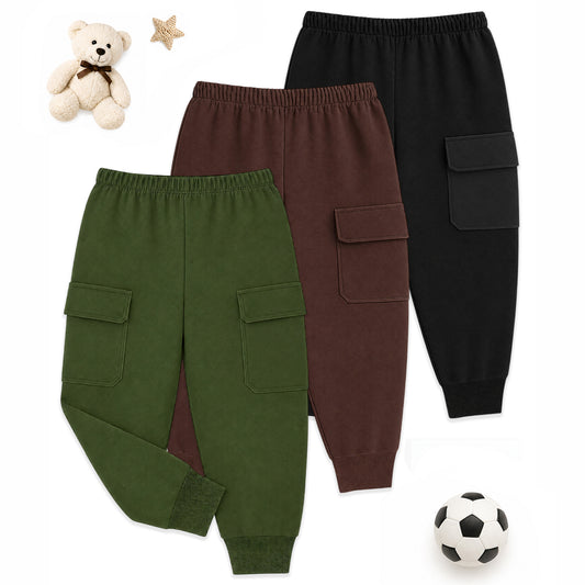 Kuchipoo Boys Cotton Cargo Jogger Pants with Pocket | Soft Elastic Waist Comfortable Track Pants for Boys | Casual Joggers for Kids | Pack of 3