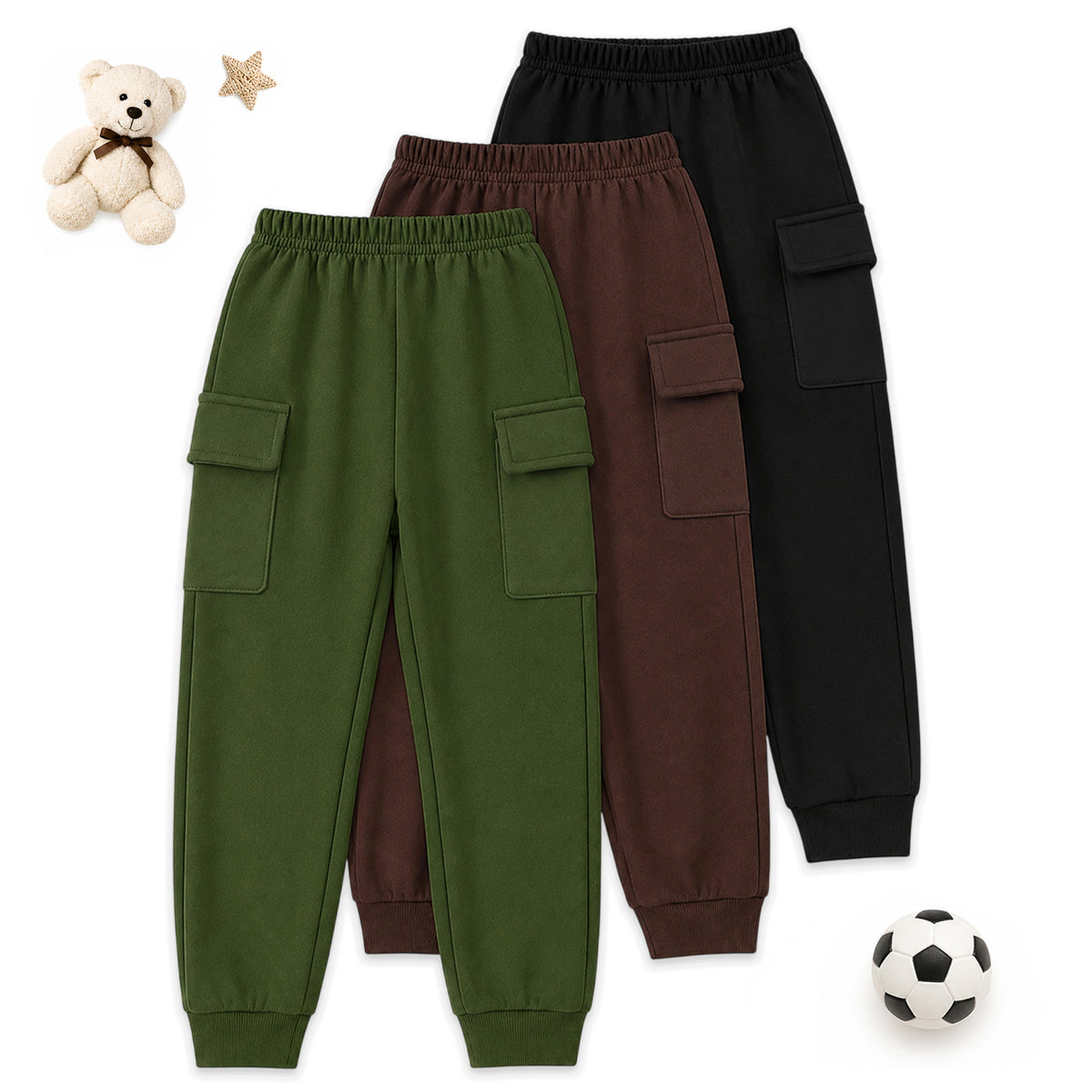 Kuchipoo Boys Cotton Cargo Jogger Pants with Pocket | Soft Elastic Waist Comfortable Track Pants for Boys | Casual Joggers for Kids | Pack of 3