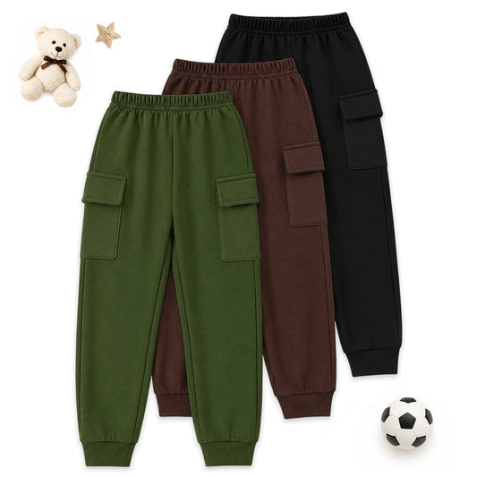 Kuchipoo Boys Cotton Cargo Jogger Pants with Pocket | Soft Elastic Waist Comfortable Track Pants for Boys | Casual Joggers for Kids | Pack of 3