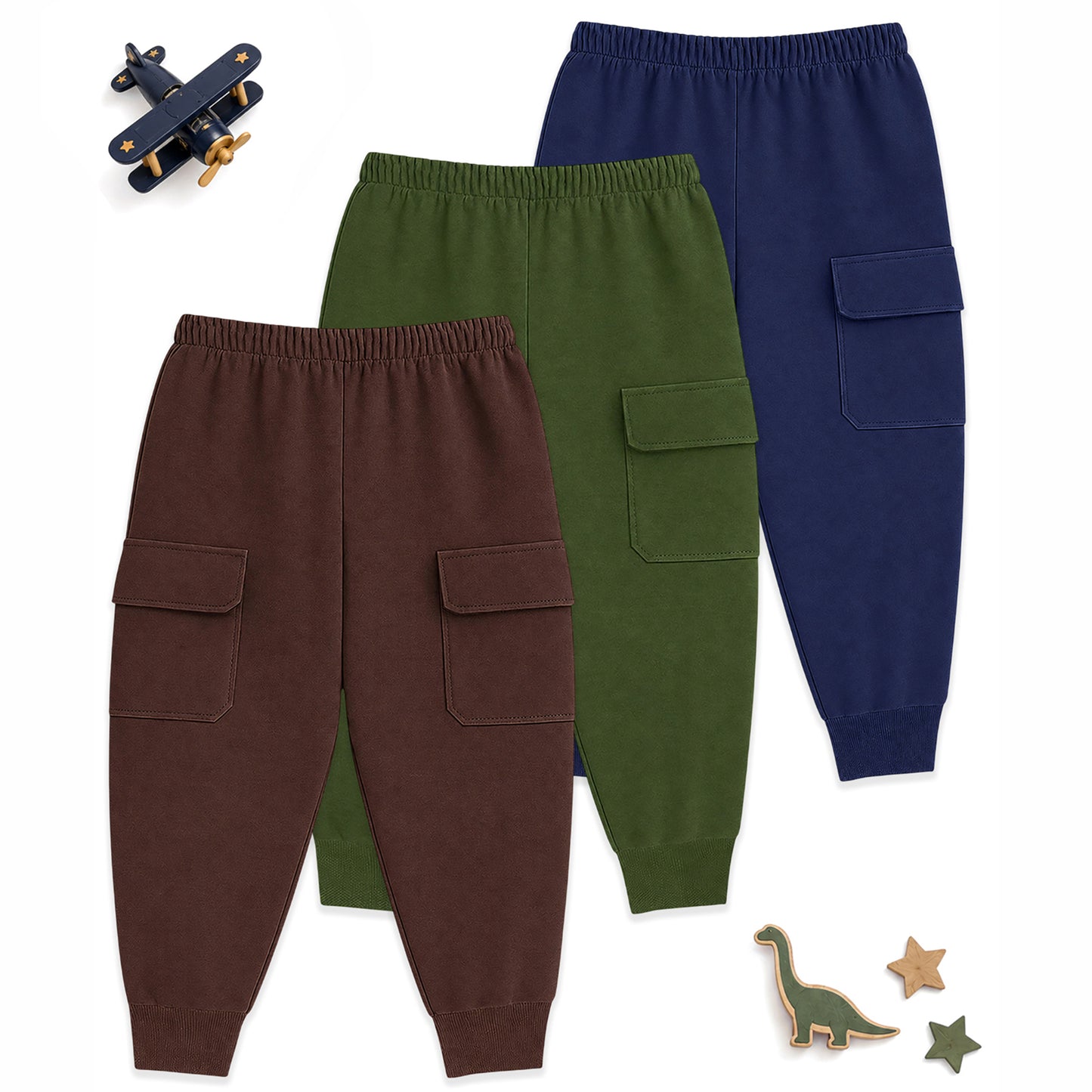 Kuchipoo Boys Cotton Cargo Jogger Pants with Pocket | Soft Elastic Waist Comfortable Track Pants for Boys | Casual Joggers for Kids | Pack of 3