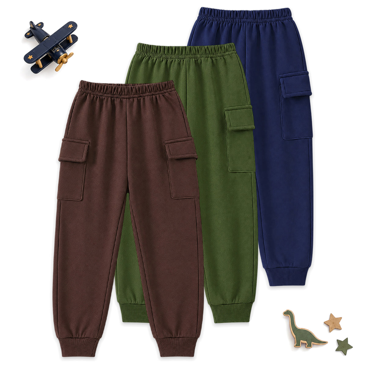 Kuchipoo Boys Cotton Cargo Jogger Pants with Pocket | Soft Elastic Waist Comfortable Track Pants for Boys | Casual Joggers for Kids | Pack of 3
