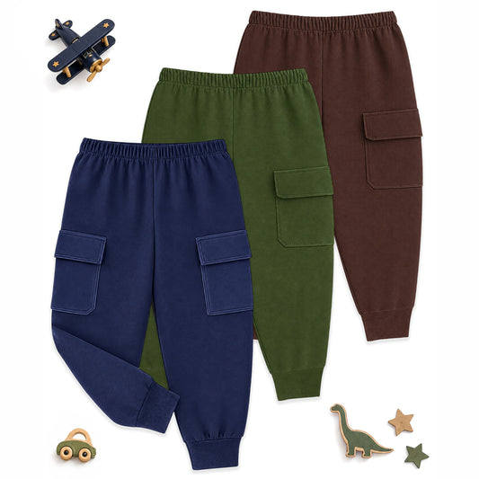 Kuchipoo Boys Cotton Cargo Jogger Pants with Pocket | Soft Elastic Waist Comfortable Track Pants for Boys | Casual Joggers for Kids | Pack of 3