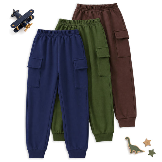 Kuchipoo Boys Cotton Cargo Jogger Pants with Pocket | Soft Elastic Waist Comfortable Track Pants for Boys | Casual Joggers for Kids | Pack of 3