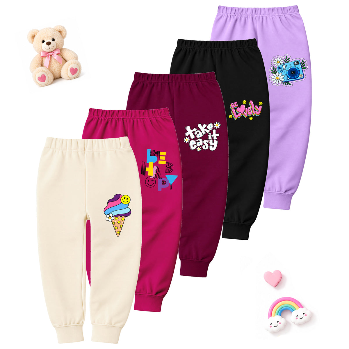 Kuchipoo Girls Cotton Pajamas Combo | Soft Elastic Waist | Cute Animal Prints | Everyday Wear | Pack of 5