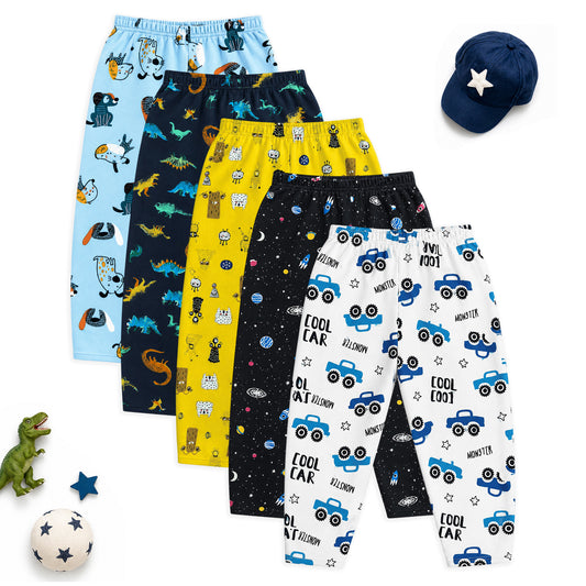Kuchipoo Boys and Girls 100% Cotton Pajamas Combo | Soft Elastic Waist | Cute Animal Prints | Everyday Wear | Pack of 5