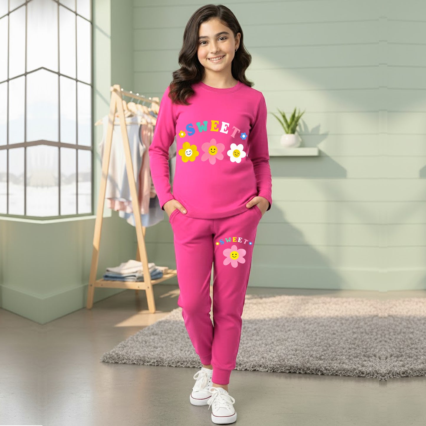 Kuchipoo Girls Regular Fit Cotton T-Shirt and Trackpant Set With Pocket
