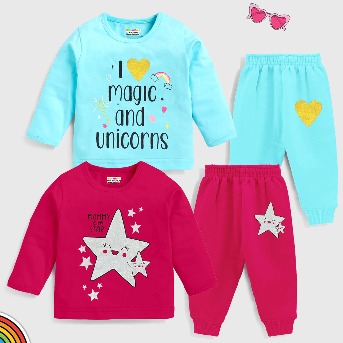 KUCHIPOO Baby Girls  T-Shirts and Pyjamas Set