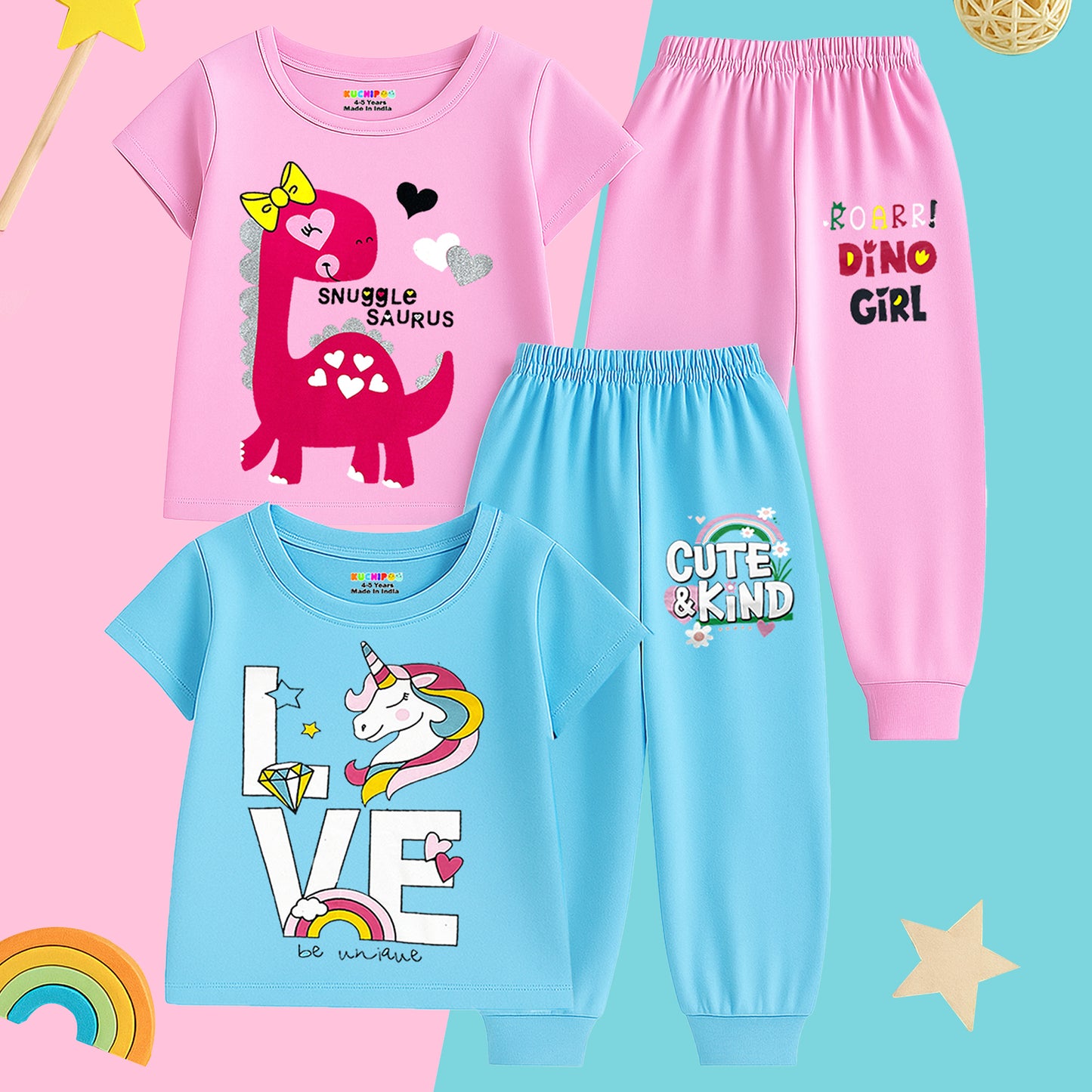 KUCHIPOO Baby Girls T-Shirts and Pyjamas Set