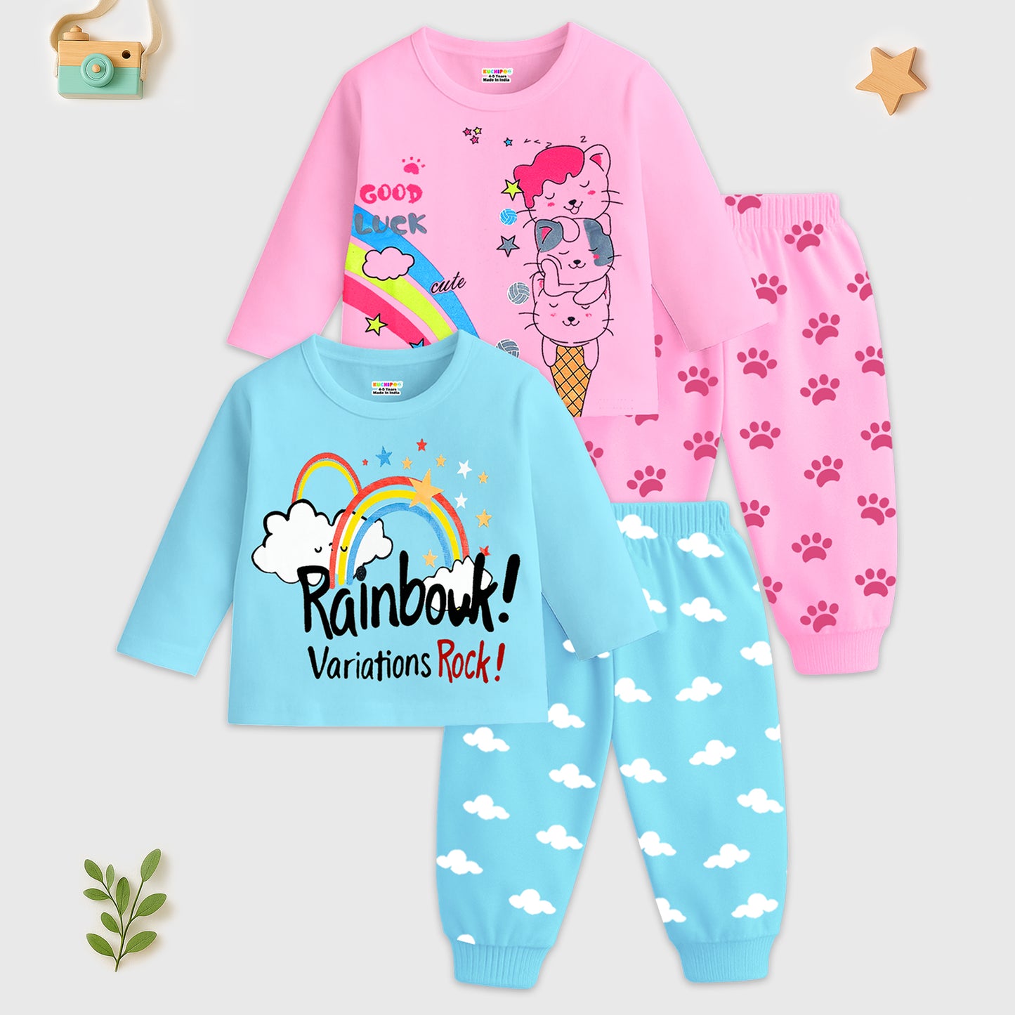 KUCHIPOO Baby Girls T-Shirts and Pyjamas Set