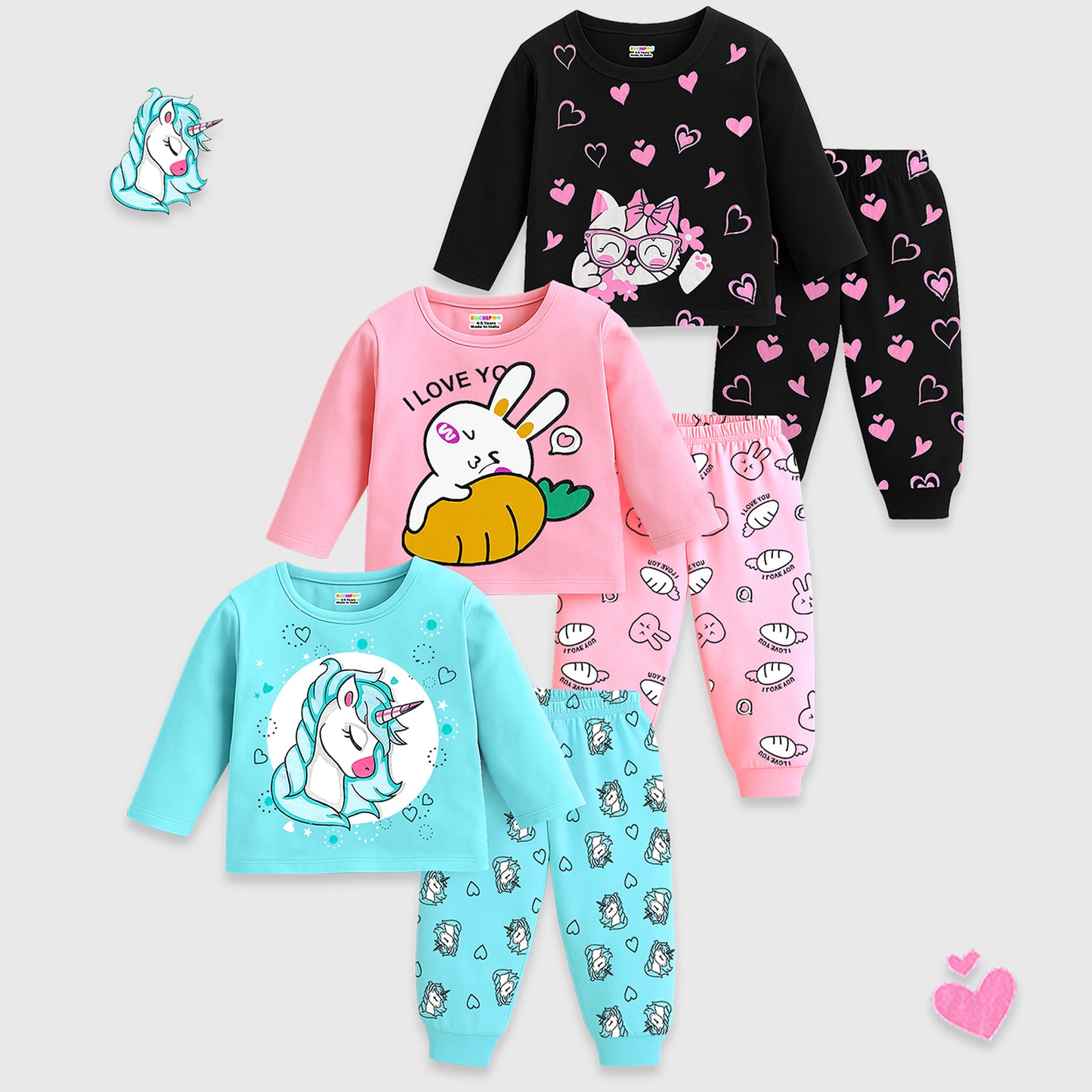 Kuchipoo Girls Regular Fit T-Shirts and Pyjamas Set