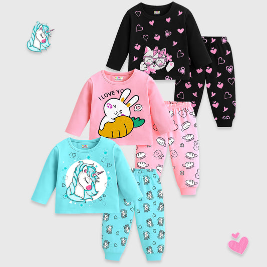 Kuchipoo Girls Regular Fit T-Shirts and Pyjamas Set