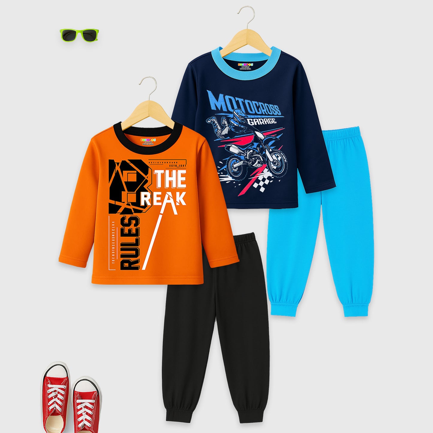 Kuchipoo Boys Full Sleeves T-Shirt and Pajamas Set-Pack 0f 2