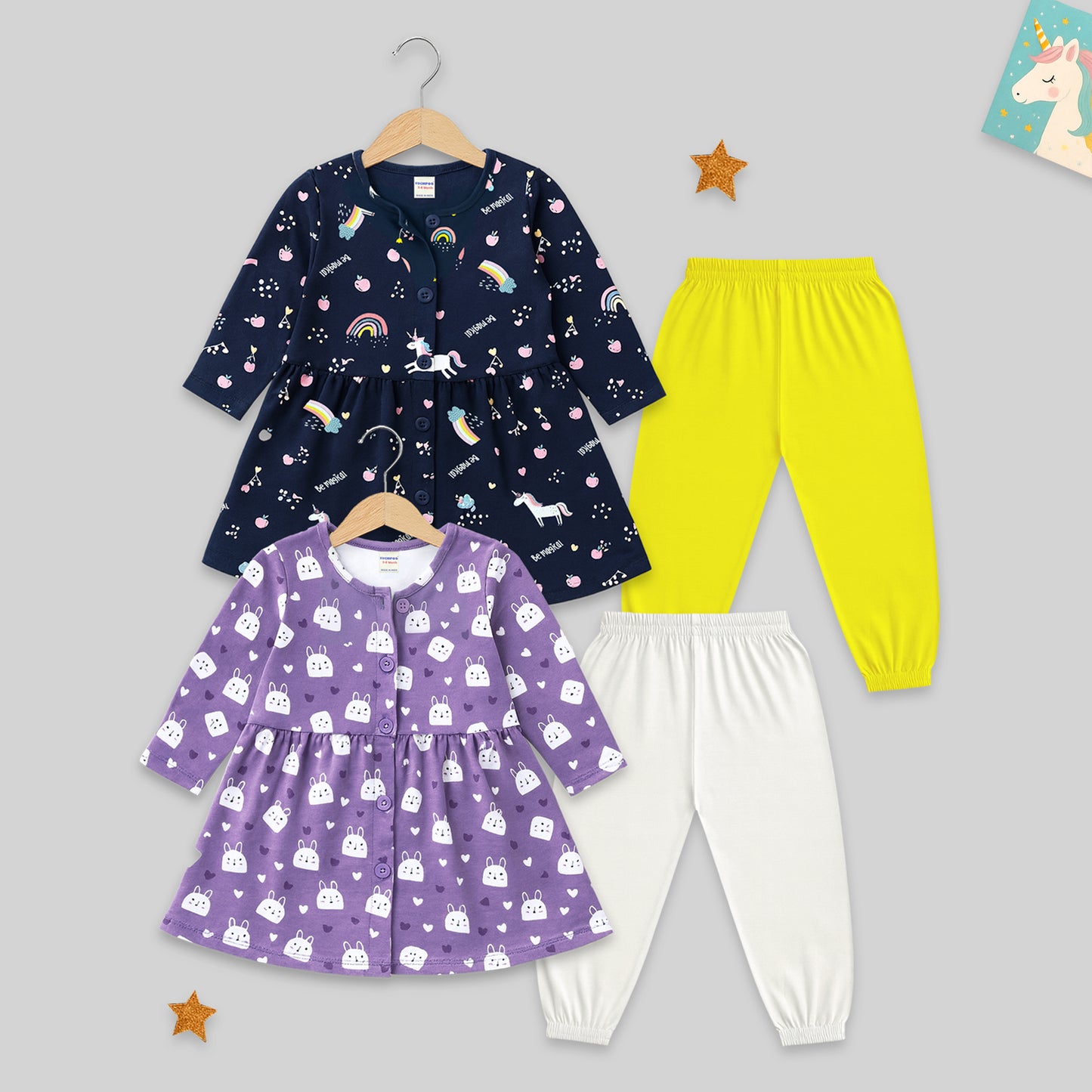 Kuchipoo Girls 100% Cotton Front Open Frock Style Top & Pajama Set