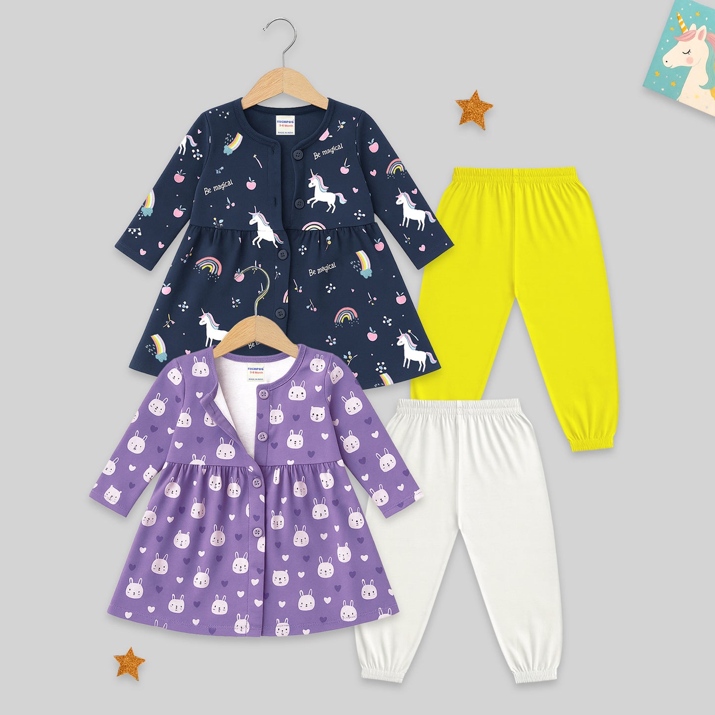 Kuchipoo Girls 100% Cotton Front Open Frock Style Top & Pajama Set