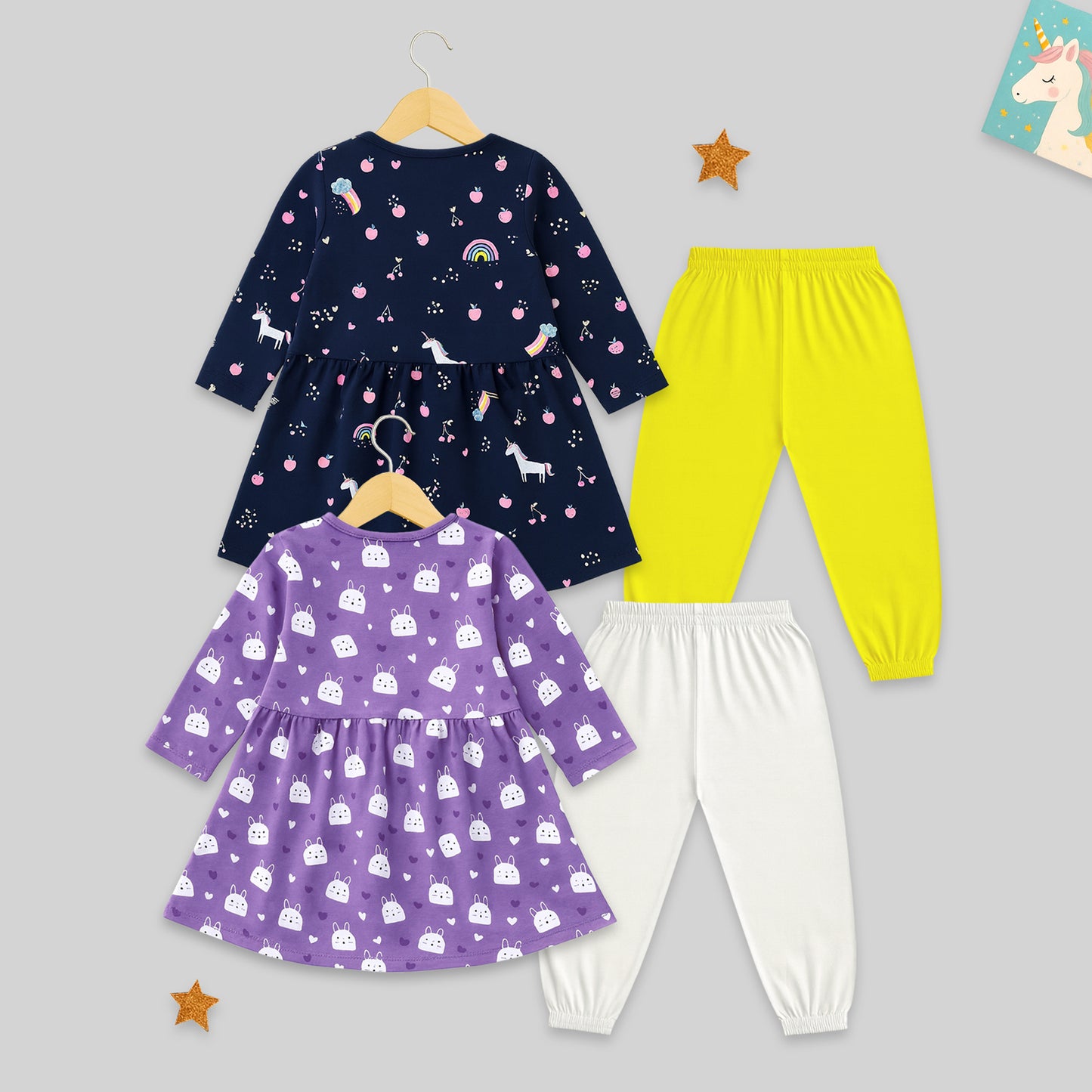 Kuchipoo Girls 100% Cotton Front Open Frock Style Top & Pajama Set