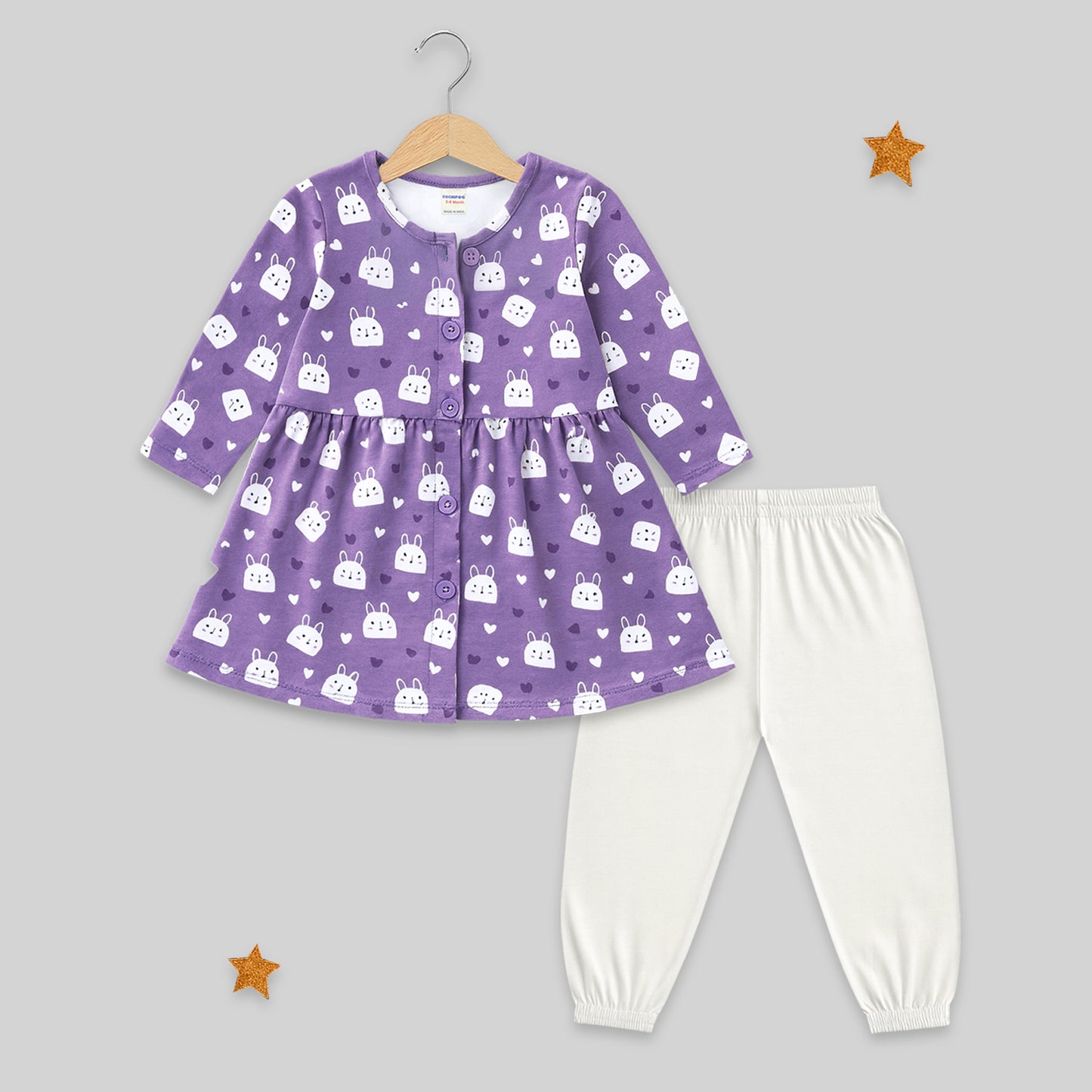 Kuchipoo Girls 100% Cotton Front Open Frock Style Top & Pajama Set