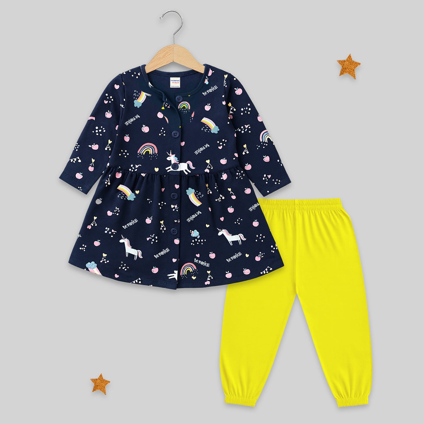 Kuchipoo Girls 100% Cotton Front Open Frock Style Top & Pajama Set