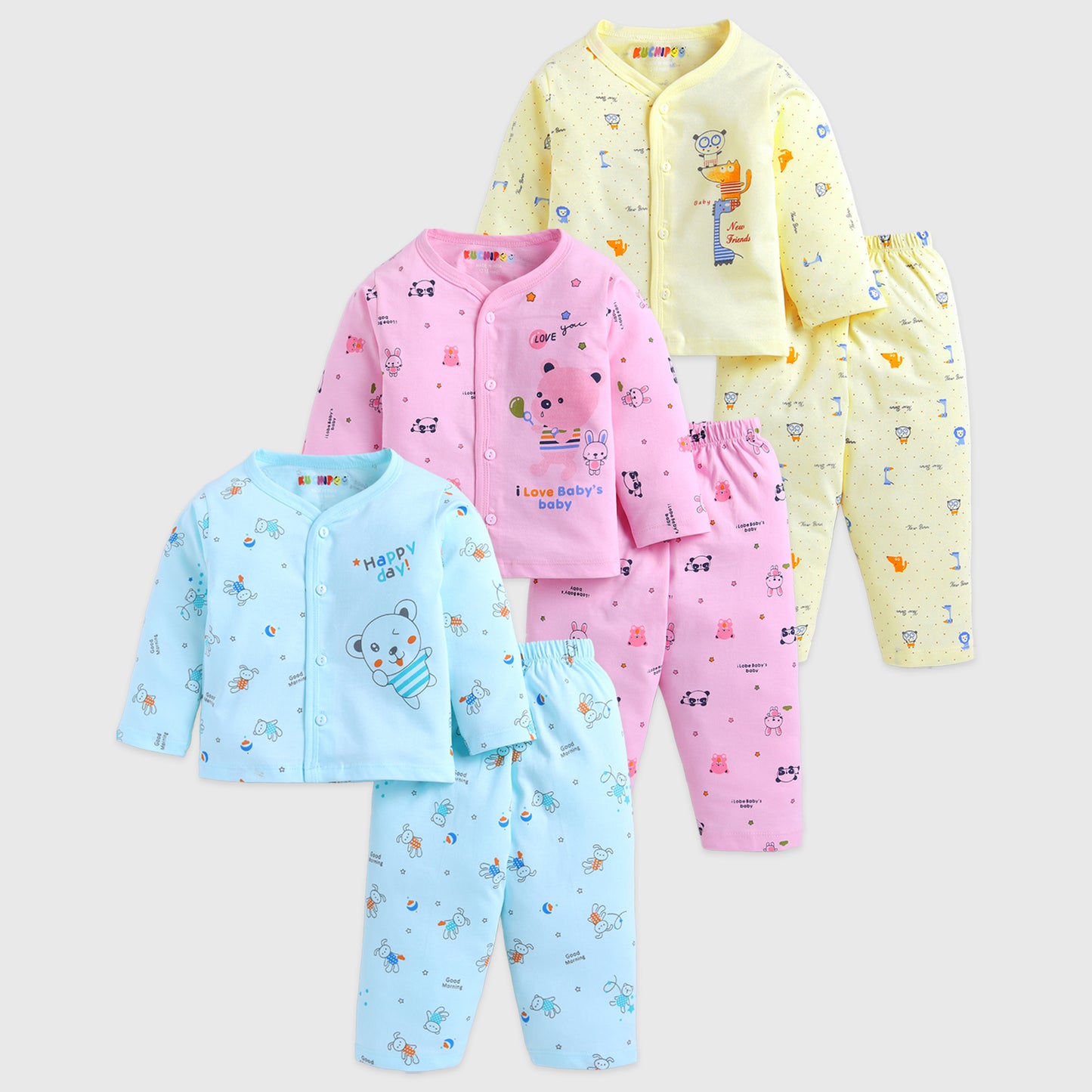 Kuchipoo 100% Cotton Front Open T-Shirts and Pajamas Set for Baby Boy and Baby Girl-Pack of 3