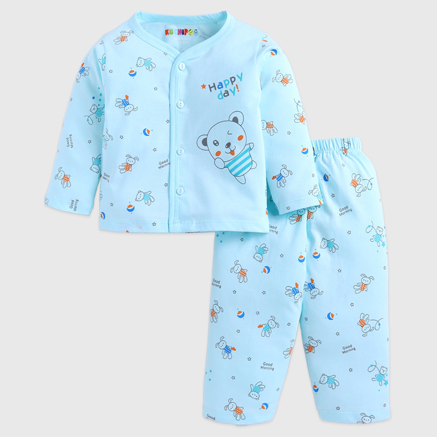 Kuchipoo 100% Cotton Front Open T-Shirts and Pajamas Set for Baby Boy and Baby Girl-Pack of 3