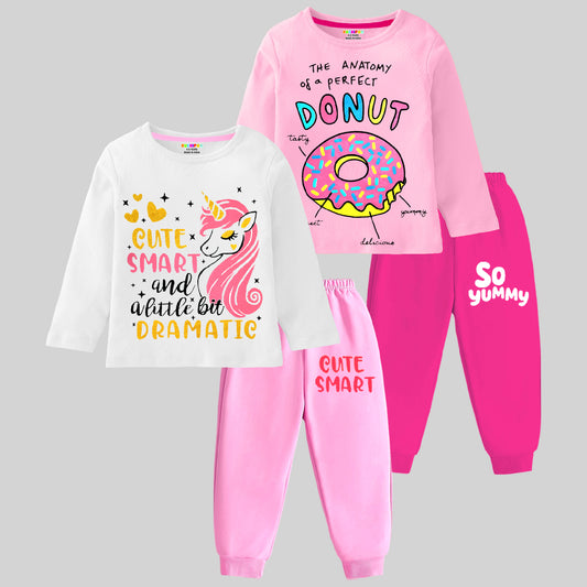 Kuchipoo Girls Regular Fit Cotton T-Shirts and Pyjamas Clothing Set - Pack of 2