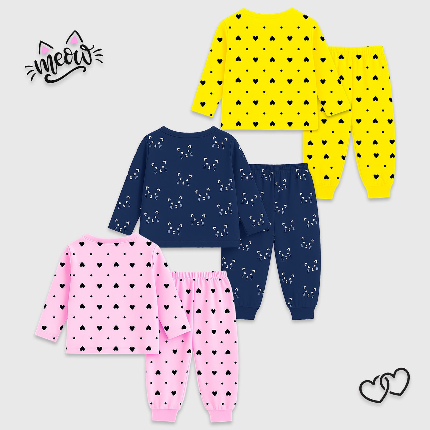 Kuchipoo Girls Regular Fit Cotton T-Shirts and Pyjamas Clothing Set-Pack of 3