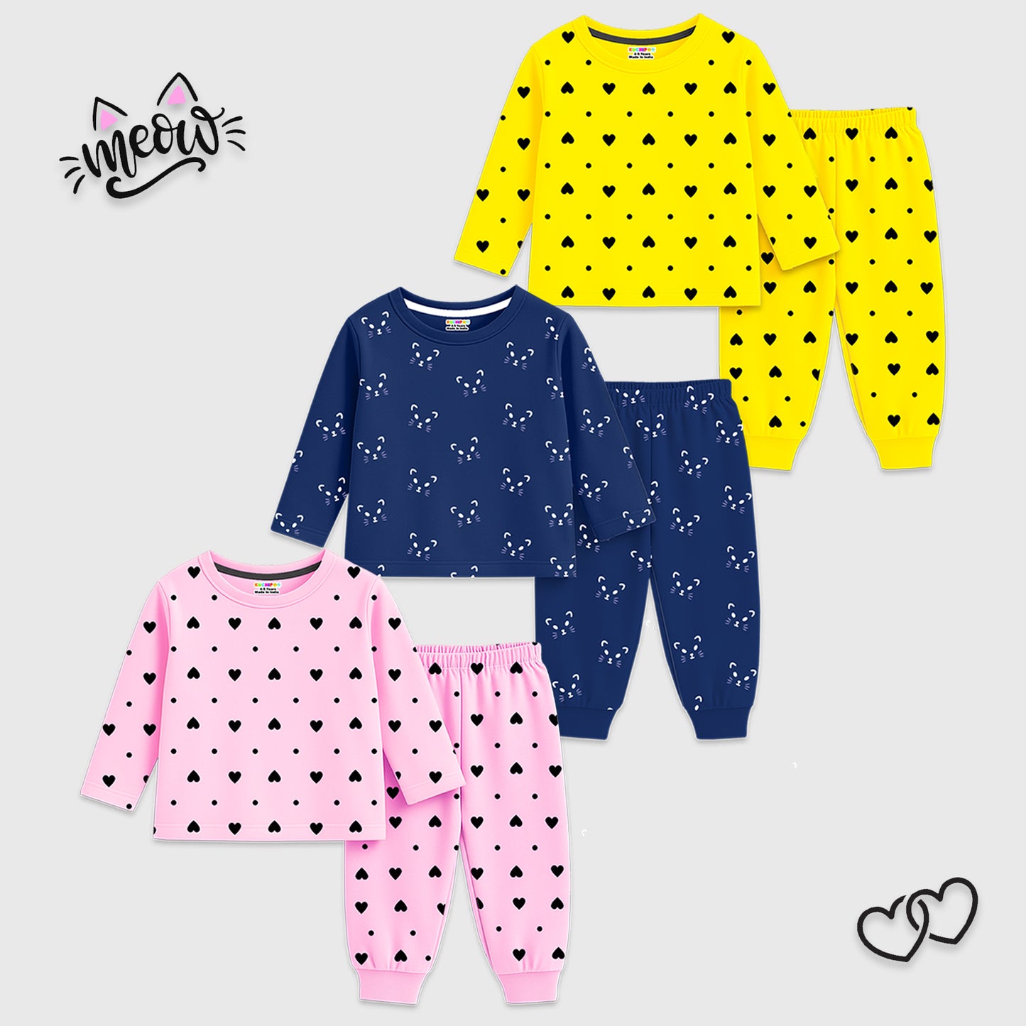Kuchipoo Girls Regular Fit Cotton T-Shirts and Pyjamas Clothing Set-Pack of 3