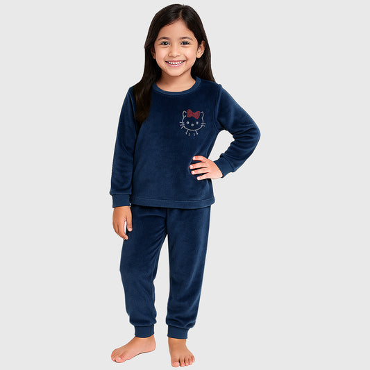 Kuchipoo Girls Velvet Night Suit Set | Full Sleeve Winter Pajama Set with Cute Kitty Design| Warm & Soft Winterwear for Girls