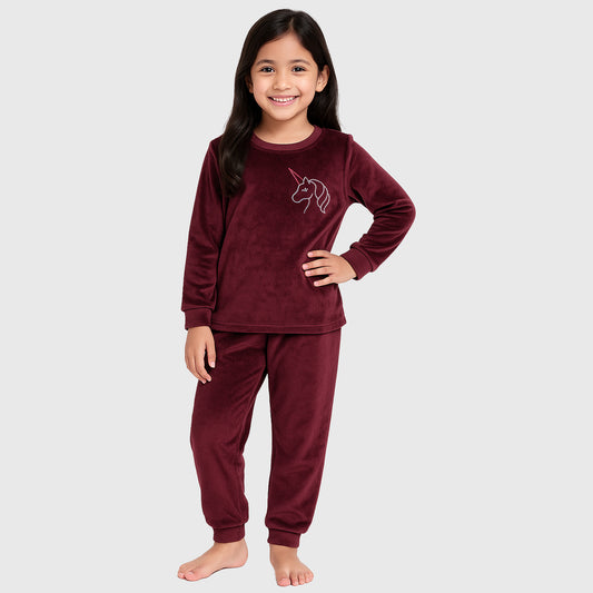 Kuchipoo Girls Velvet Night Suit Set | Full Sleeve Winter Pajama Set with Cute Unicorn Design| Warm & Soft Winterwear for Girls