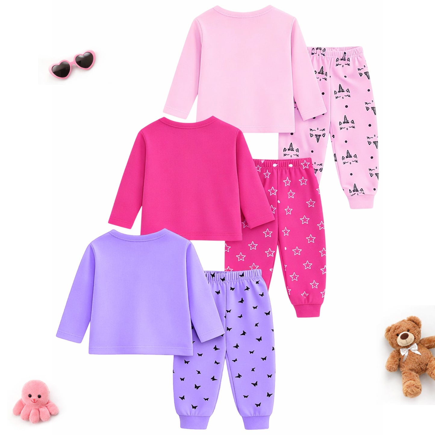 Kuchipoo Girls Cotton T-shirts & Pajamas Set | Full Sleeve Printed Top & Pajama | Soft & Breathable Sleepwear | Comfortable Elastic Waist | Pack of 3