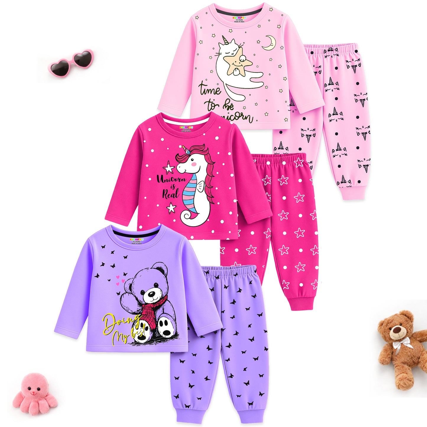 Kuchipoo Girls Cotton T-shirts & Pajamas Set | Full Sleeve Printed Top & Pajama | Soft & Breathable Sleepwear | Comfortable Elastic Waist | Pack of 3