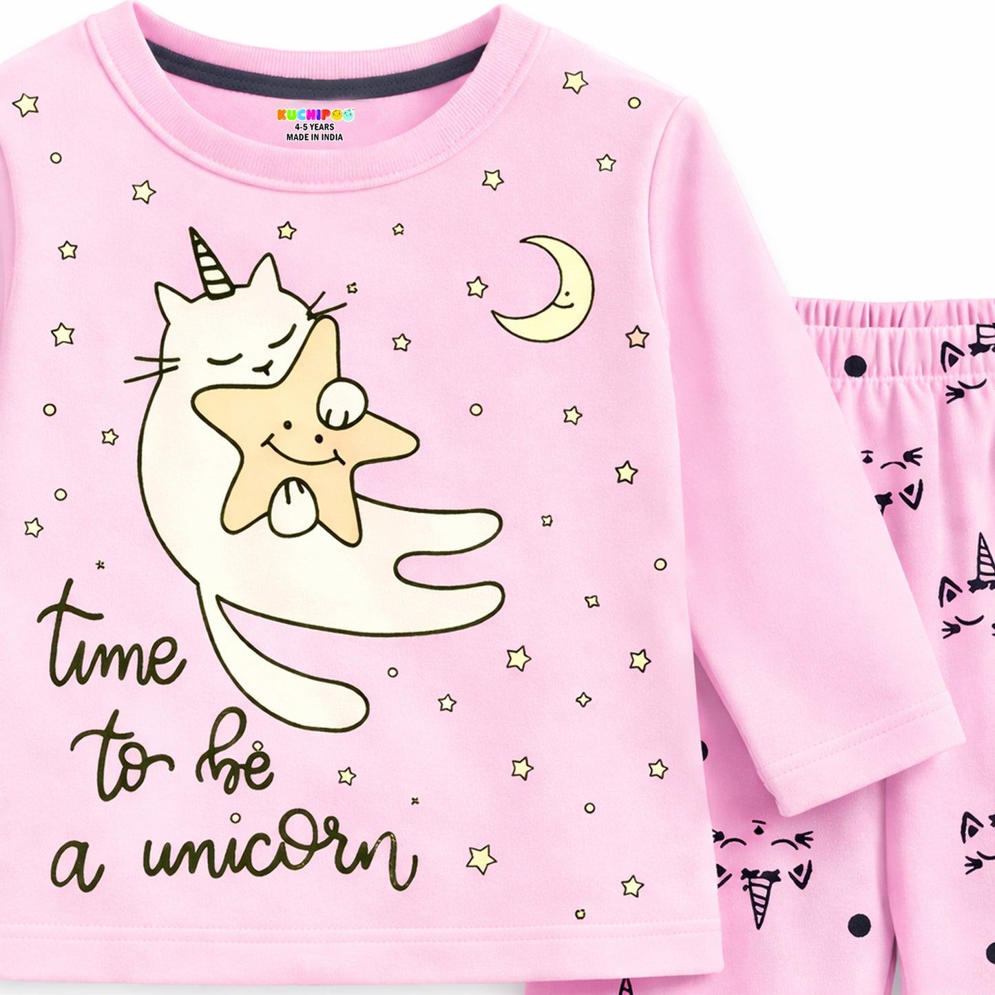 Kuchipoo Girls Cotton T-shirts & Pajamas Set | Full Sleeve Printed Top & Pajama | Soft & Breathable Sleepwear | Comfortable Elastic Waist | Pack of 3
