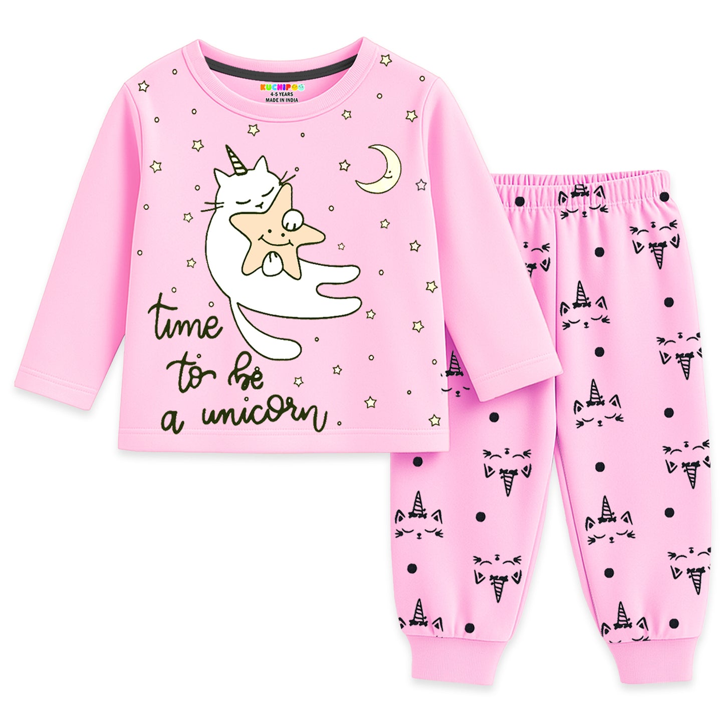 Kuchipoo Girls Cotton T-shirts & Pajamas Set | Full Sleeve Printed Top & Pajama | Soft & Breathable Sleepwear | Comfortable Elastic Waist | Pack of 3