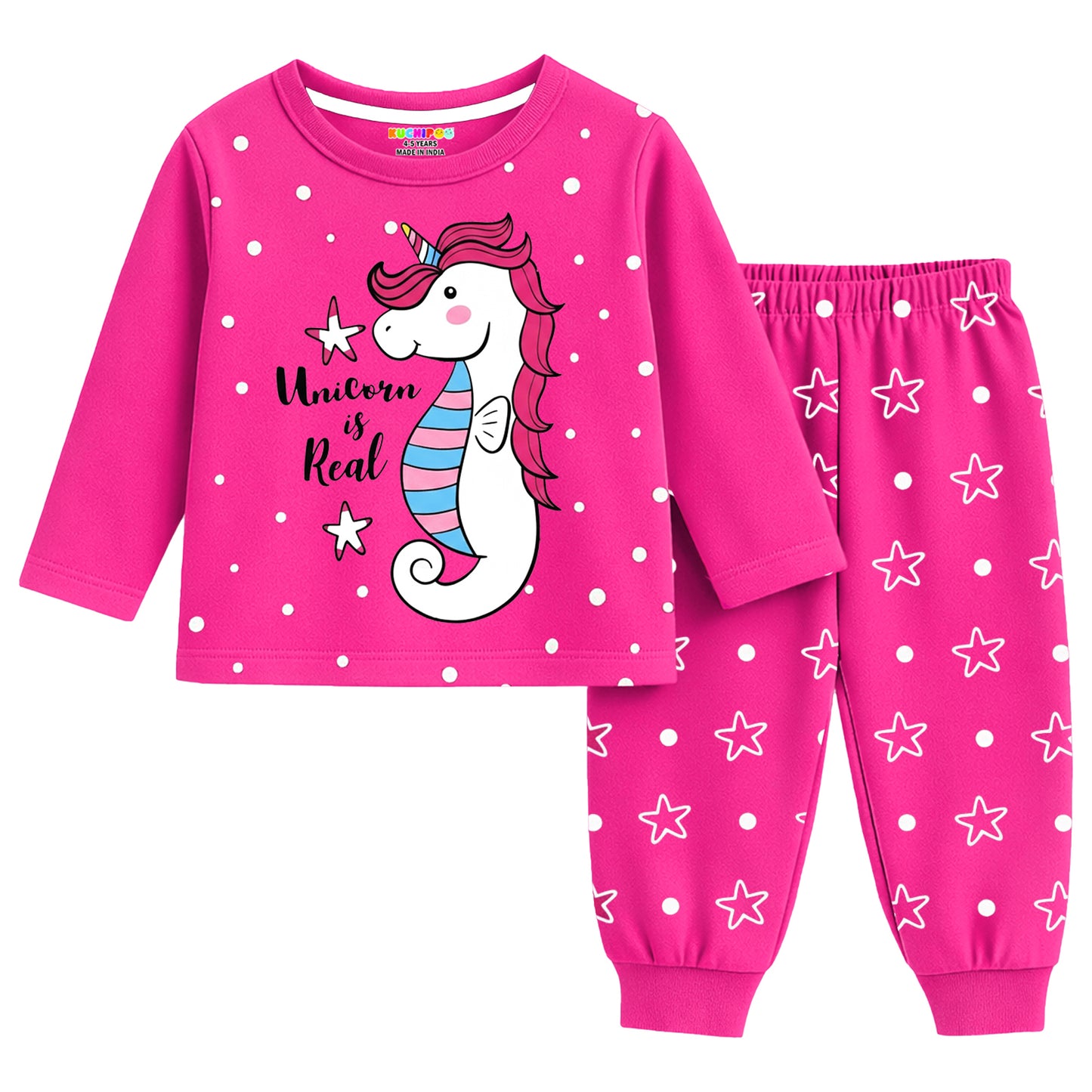 Kuchipoo Girls Cotton T-shirts & Pajamas Set | Full Sleeve Printed Top & Pajama | Soft & Breathable Sleepwear | Comfortable Elastic Waist | Pack of 3