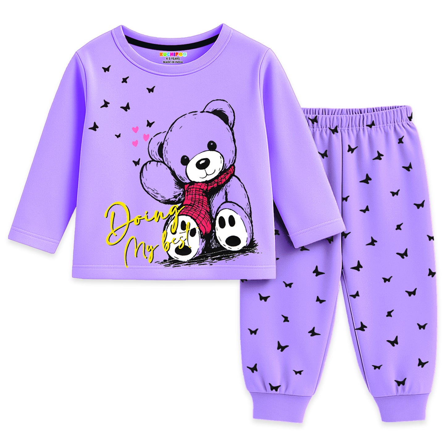 Kuchipoo Girls Cotton T-shirts & Pajamas Set | Full Sleeve Printed Top & Pajama | Soft & Breathable Sleepwear | Comfortable Elastic Waist | Pack of 3