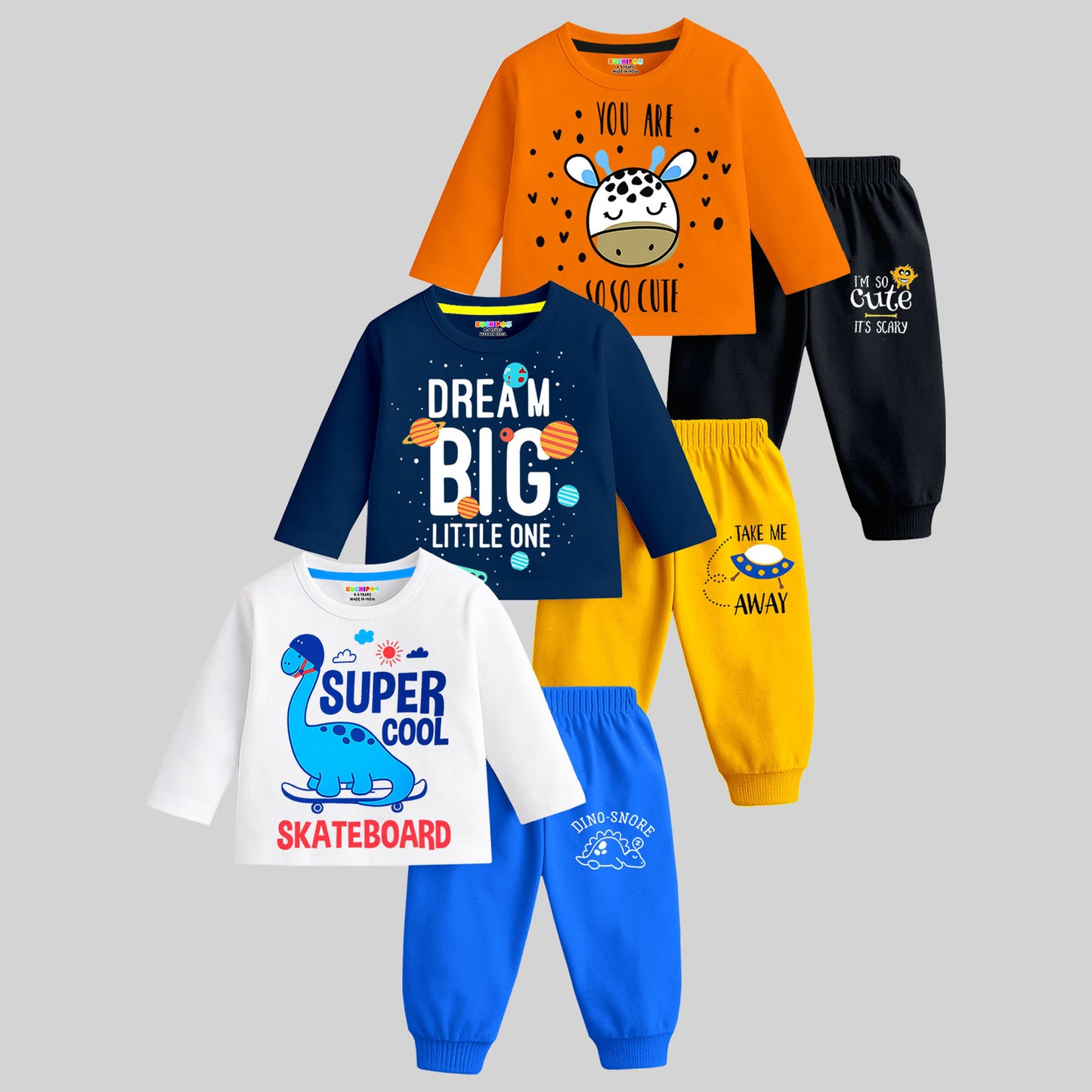 Kuchipoo Boys Regular Fit Cotton T-Shirts and Pyjamas Clothing Set-Pack of 3