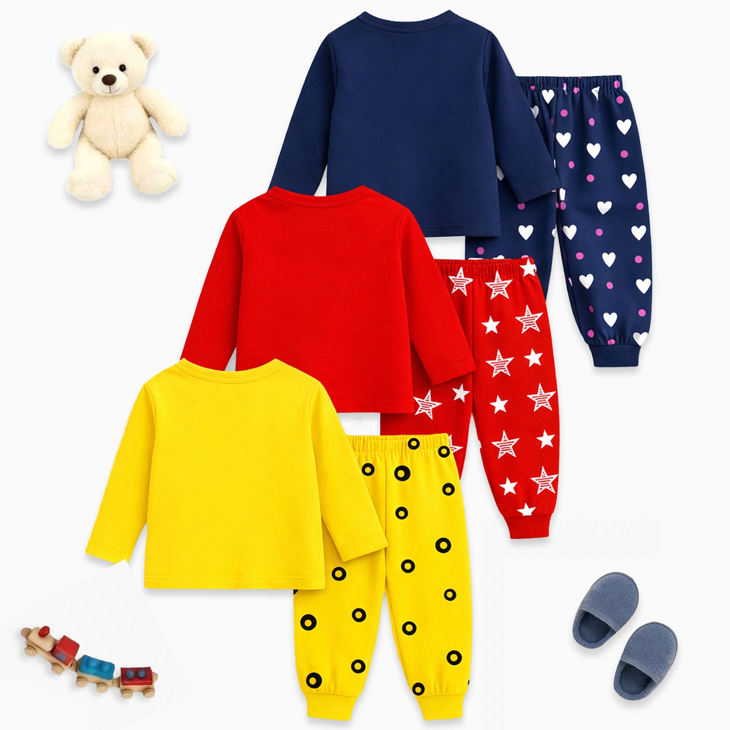 Kuchipoo Girls Cotton Night Suit Set | Full Sleeve Printed Top & Pajama | Soft & Breathable Sleepwear | Comfortable Elastic Waist | Pack of 3