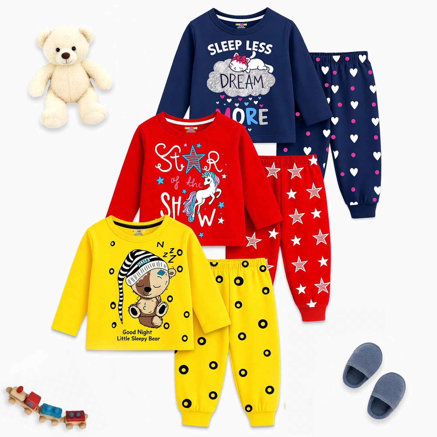 Kuchipoo Girls Cotton Night Suit Set | Full Sleeve Printed Top & Pajama | Soft & Breathable Sleepwear | Comfortable Elastic Waist | Pack of 3