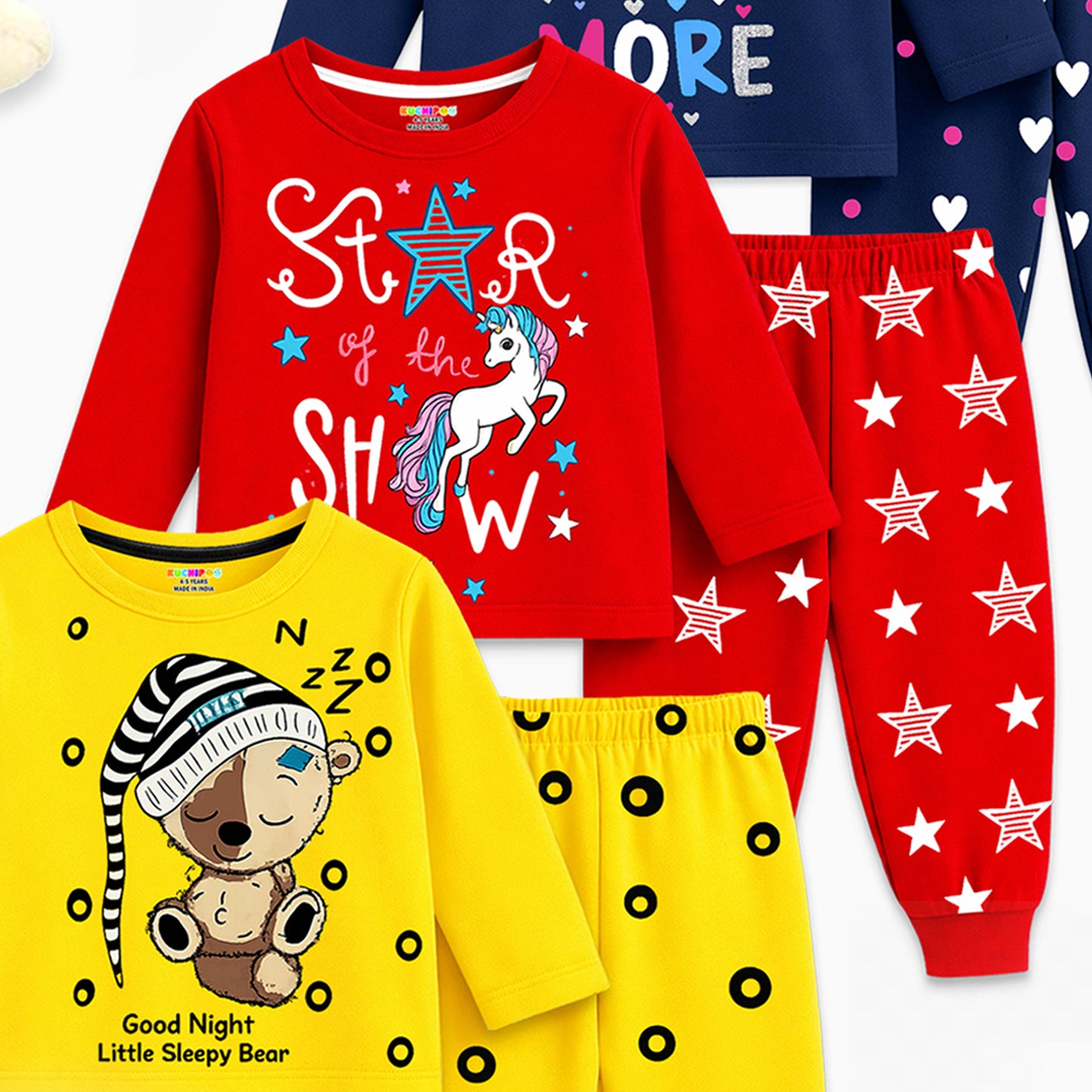 Kuchipoo Girls Cotton Night Suit Set | Full Sleeve Printed Top & Pajama | Soft & Breathable Sleepwear | Comfortable Elastic Waist | Pack of 3