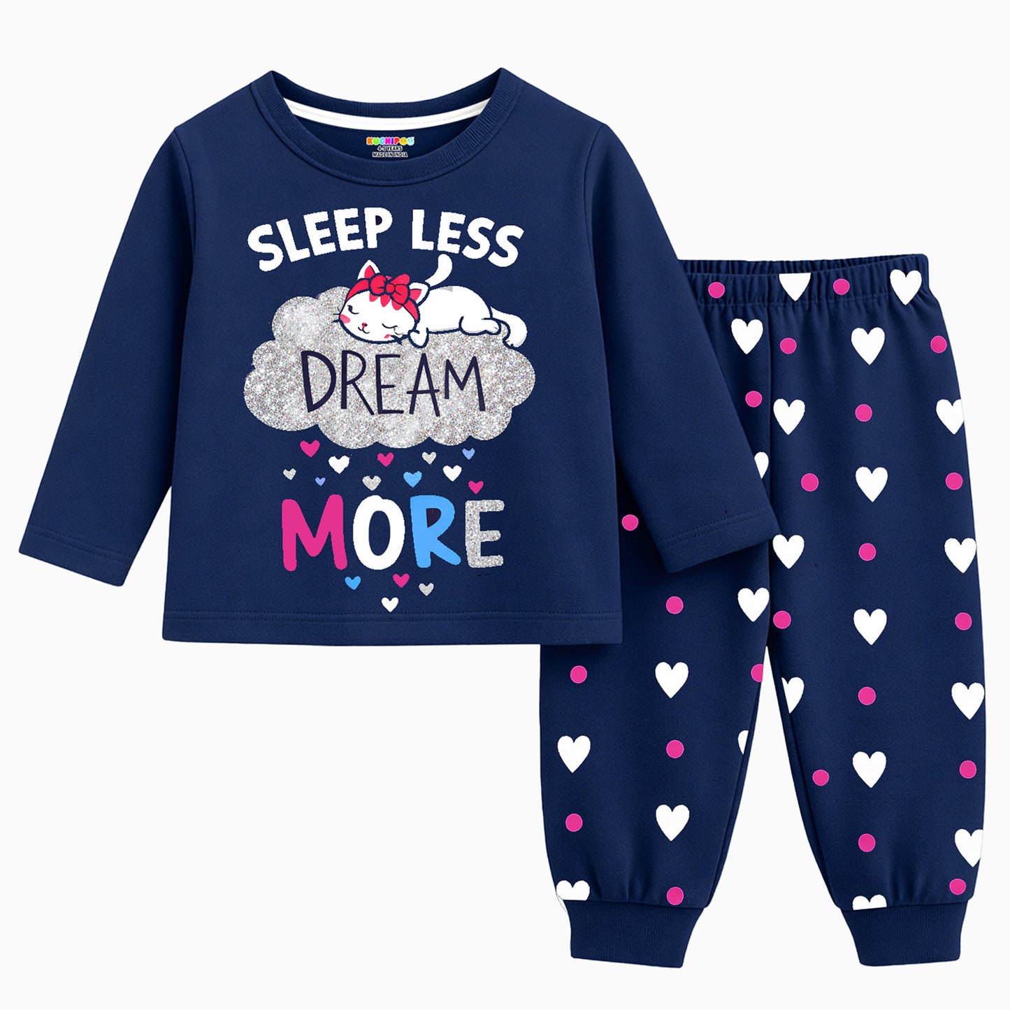Kuchipoo Girls Cotton Night Suit Set | Full Sleeve Printed Top & Pajama | Soft & Breathable Sleepwear | Comfortable Elastic Waist | Pack of 3